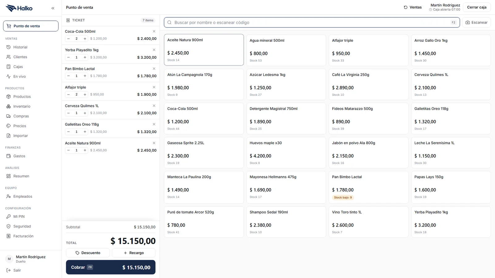 Punto de venta de Halko con un ticket armado y la grilla de productos
