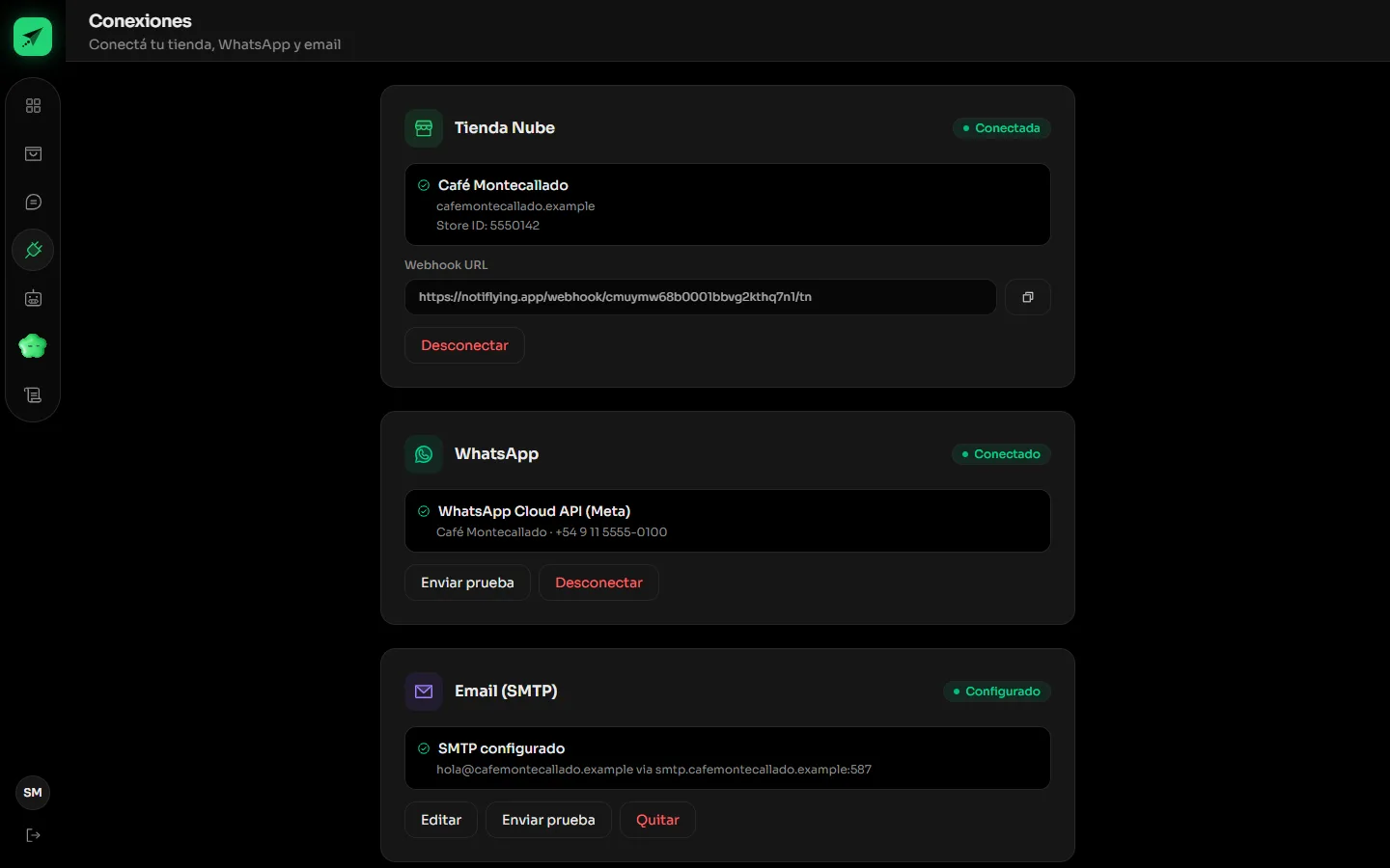 Conexiones de Notiflying con Tiendanube, WhatsApp y email