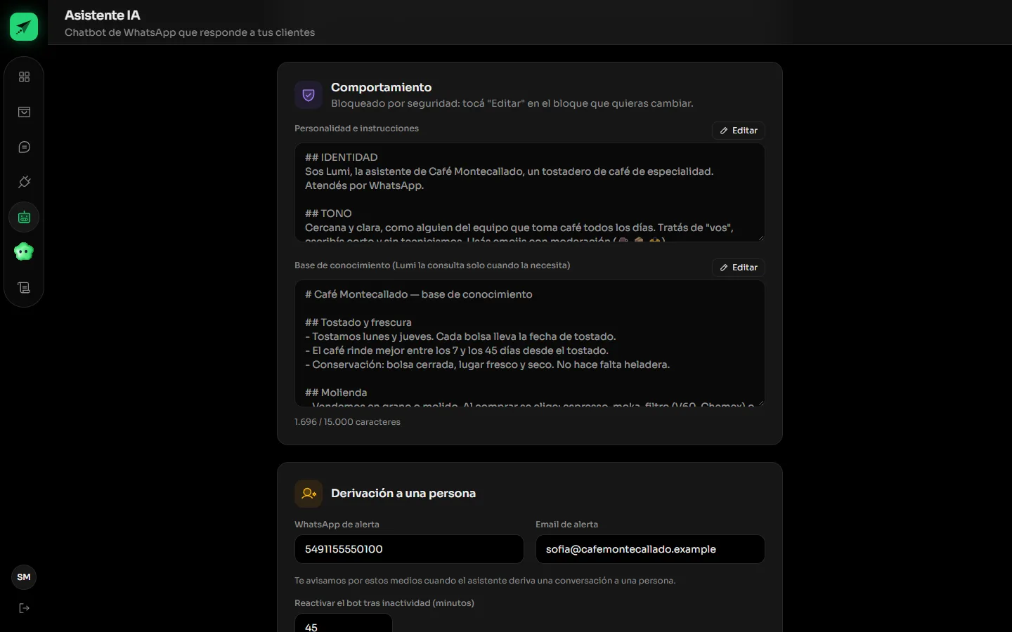 Configuración del asistente de Notiflying con su personalidad y la base de conocimiento