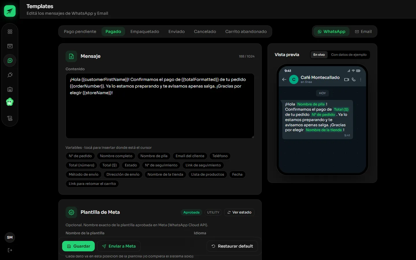 Editor de plantillas de Notiflying con variables, vista previa de WhatsApp y estado de aprobación
